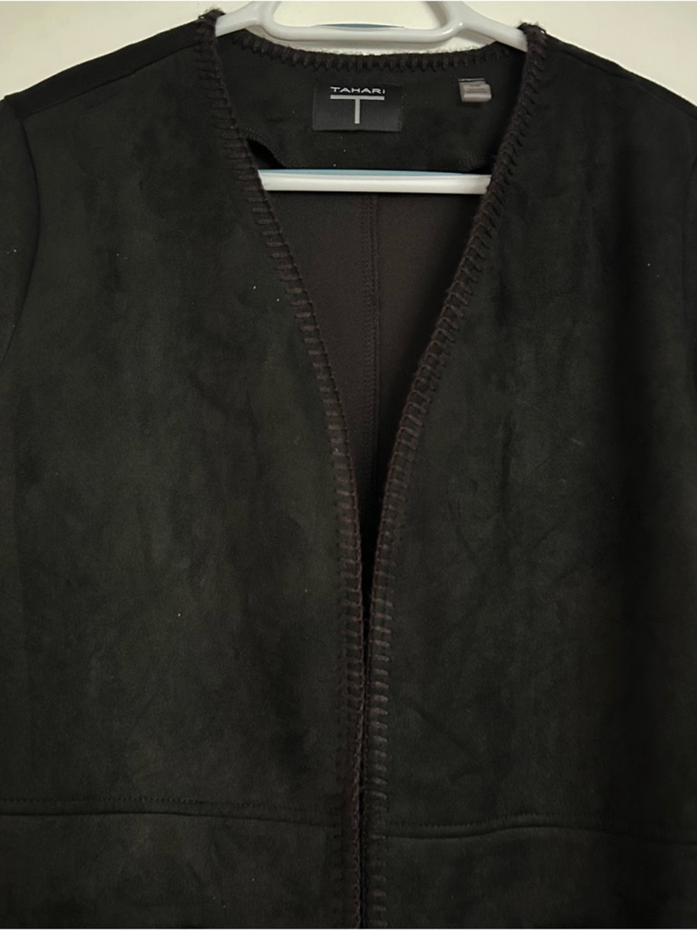 Tahari Black Women’s Open Front Faux Suede Long Jacket Pockets Medium Soft Touch